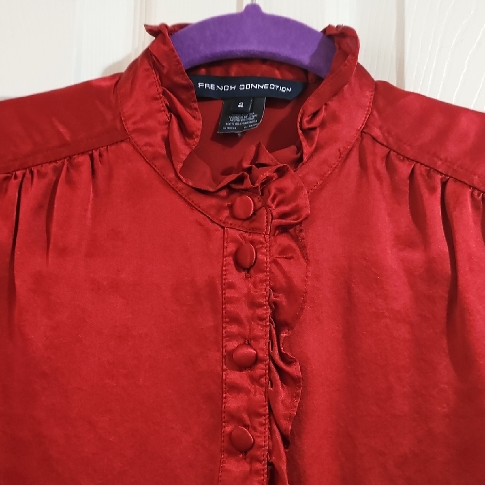 French Connection Deep Red Ruffled Blouse - Picture 2 of 5